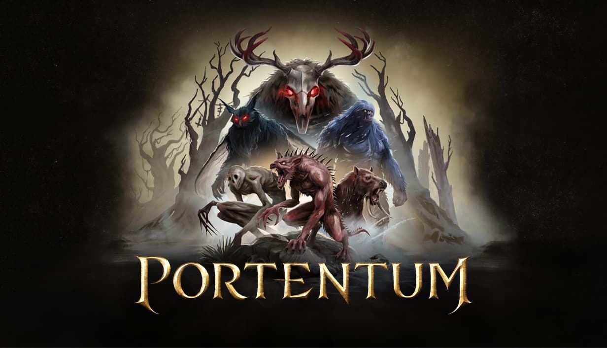 Portentum: a pack of cryptids emerging from the mist beneath the game's logo